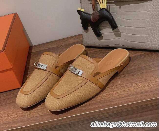  Low Cost Hermes Oz Kelly Buckle Canvas Flat Mules Beige 052343