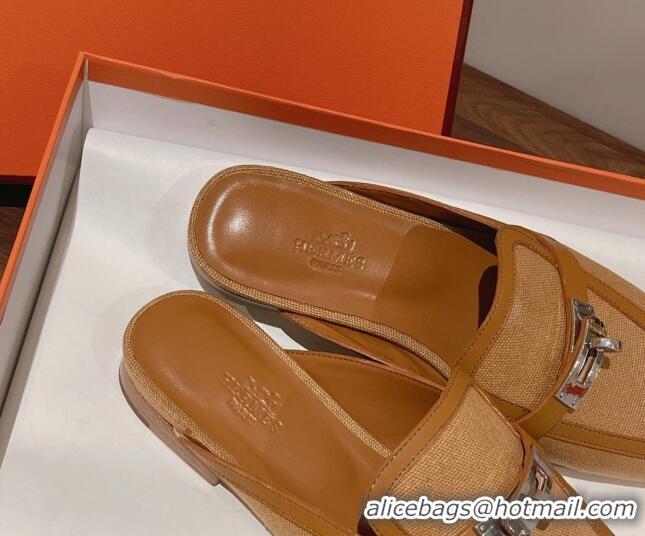  Low Cost Hermes Oz Kelly Buckle Canvas Flat Mules Beige 052343