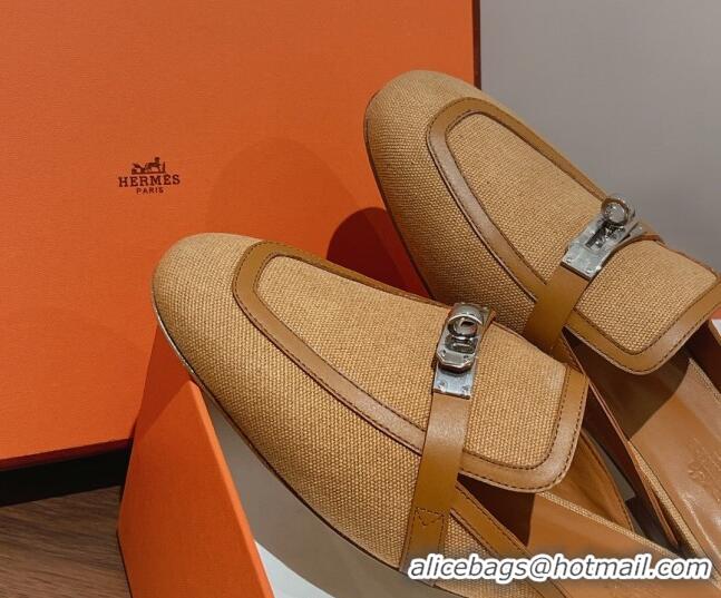  Low Cost Hermes Oz Kelly Buckle Canvas Flat Mules Beige 052343