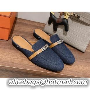 Sophisticated Hermes Oz Kelly Buckle Denim Flat Mules Blue 052344