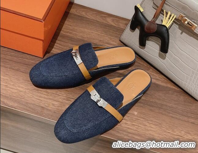 Sophisticated Hermes Oz Kelly Buckle Denim Flat Mules Blue 052344