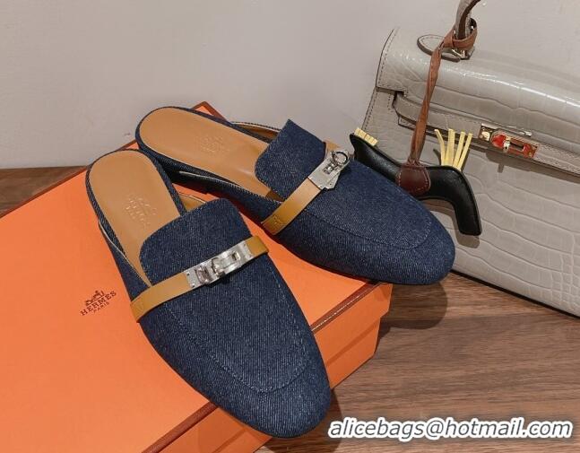 Sophisticated Hermes Oz Kelly Buckle Denim Flat Mules Blue 052344