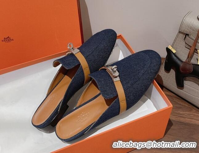 Sophisticated Hermes Oz Kelly Buckle Denim Flat Mules Blue 052344