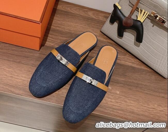 Sophisticated Hermes Oz Kelly Buckle Denim Flat Mules Blue 052344