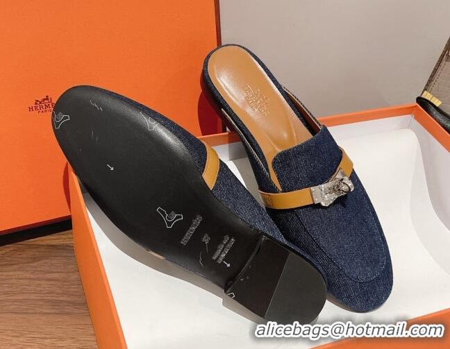 Sophisticated Hermes Oz Kelly Buckle Denim Flat Mules Blue 052344