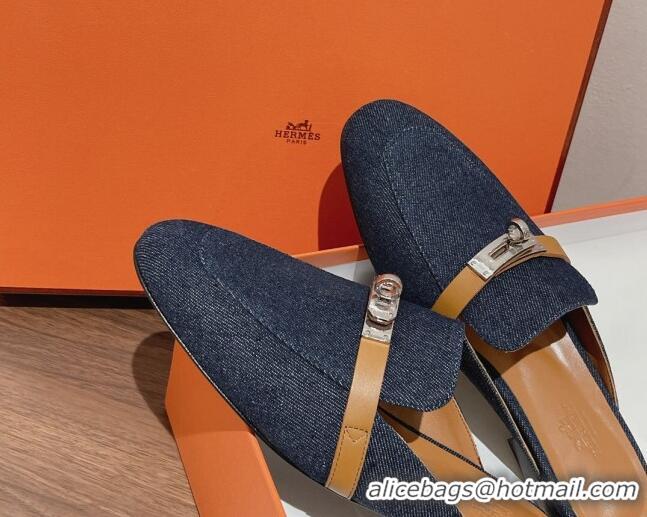 Sophisticated Hermes Oz Kelly Buckle Denim Flat Mules Blue 052344