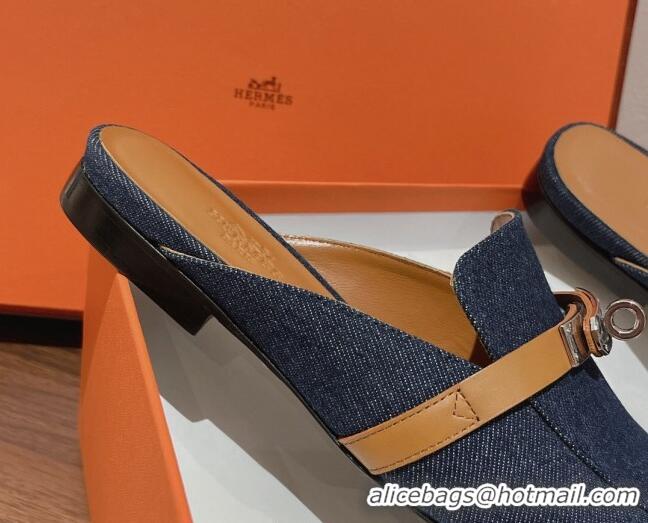 Sophisticated Hermes Oz Kelly Buckle Denim Flat Mules Blue 052344