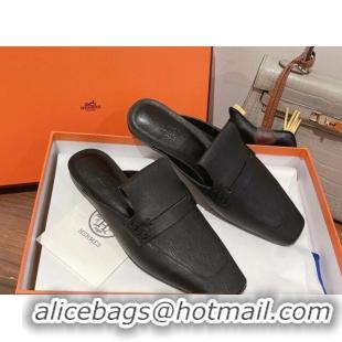 Best Grade Hermes Eloge Flat Mules in Boarded Calfskin Black 052345