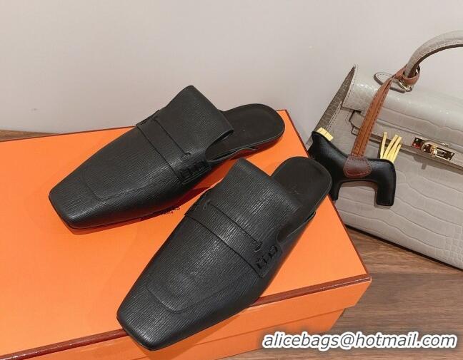 Best Grade Hermes Eloge Flat Mules in Boarded Calfskin Black 052345