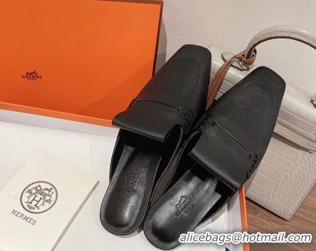 Best Grade Hermes Eloge Flat Mules in Boarded Calfskin Black 052345