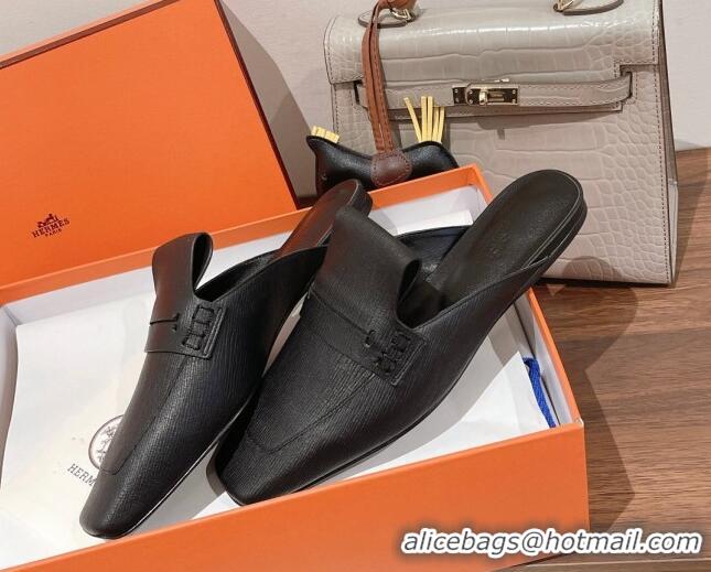 Best Grade Hermes Eloge Flat Mules in Boarded Calfskin Black 052345