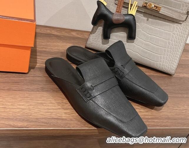 Best Grade Hermes Eloge Flat Mules in Boarded Calfskin Black 052345