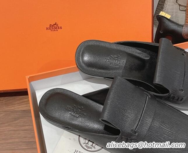 Best Grade Hermes Eloge Flat Mules in Boarded Calfskin Black 052345