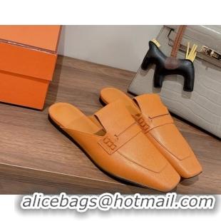 Grade Quality Hermes Eloge Flat Mules in Boarded Calfskin Tan Brown 052346