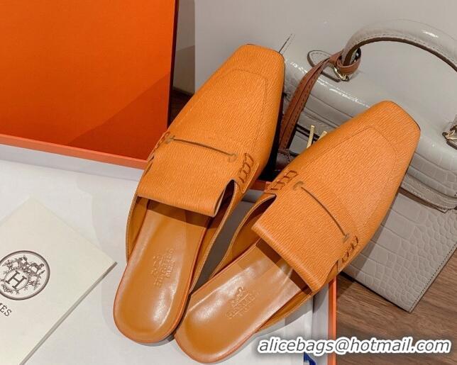 Grade Quality Hermes Eloge Flat Mules in Boarded Calfskin Tan Brown 052346