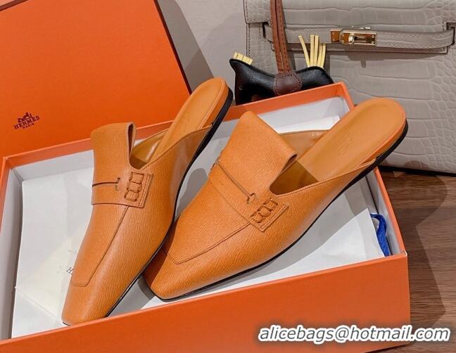 Grade Quality Hermes Eloge Flat Mules in Boarded Calfskin Tan Brown 052346