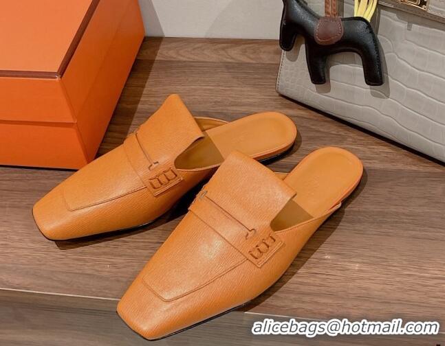 Grade Quality Hermes Eloge Flat Mules in Boarded Calfskin Tan Brown 052346