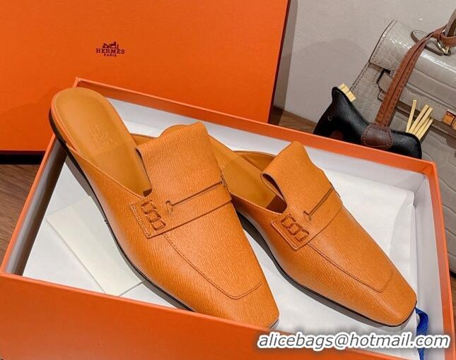 Grade Quality Hermes Eloge Flat Mules in Boarded Calfskin Tan Brown 052346