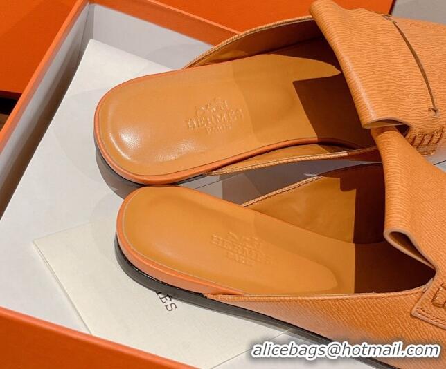 Grade Quality Hermes Eloge Flat Mules in Boarded Calfskin Tan Brown 052346