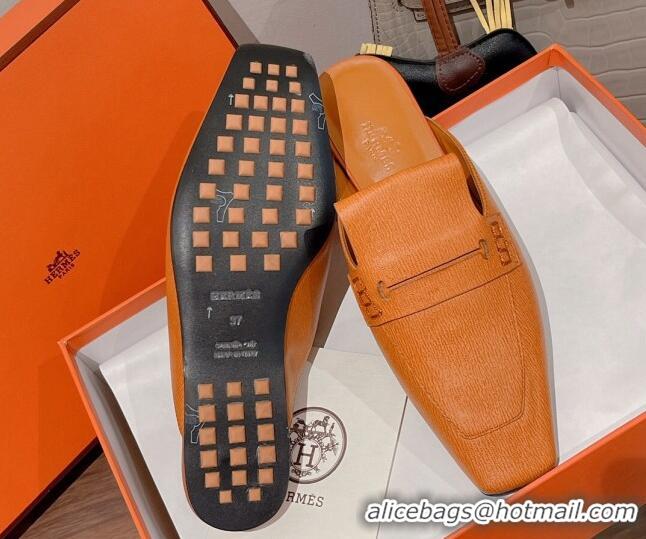 Grade Quality Hermes Eloge Flat Mules in Boarded Calfskin Tan Brown 052346