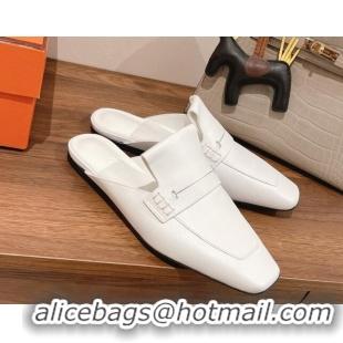 Stylish Hermes Eloge Flat Mules in Boarded Calfskin White 052347