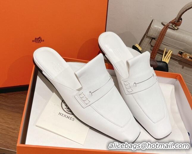 Stylish Hermes Eloge Flat Mules in Boarded Calfskin White 052347