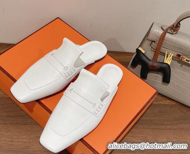 Stylish Hermes Eloge Flat Mules in Boarded Calfskin White 052347