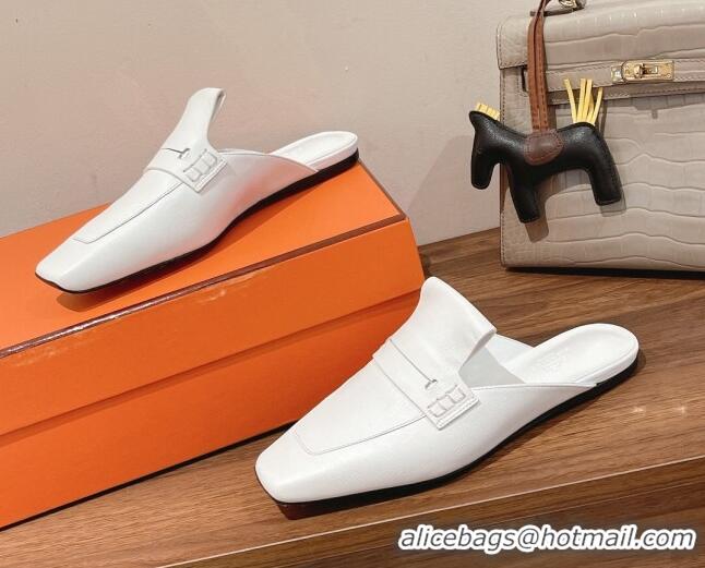 Stylish Hermes Eloge Flat Mules in Boarded Calfskin White 052347