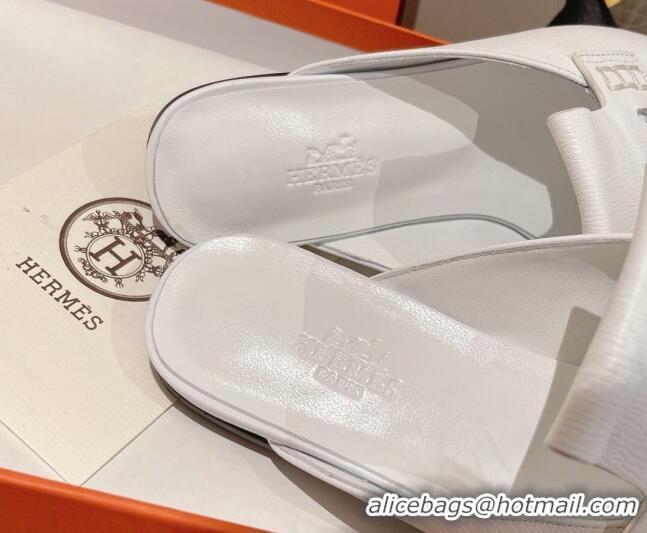 Stylish Hermes Eloge Flat Mules in Boarded Calfskin White 052347