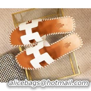 Duplicate Hermes Oran Classic Calfskin Flat Slide Sandals White 527139