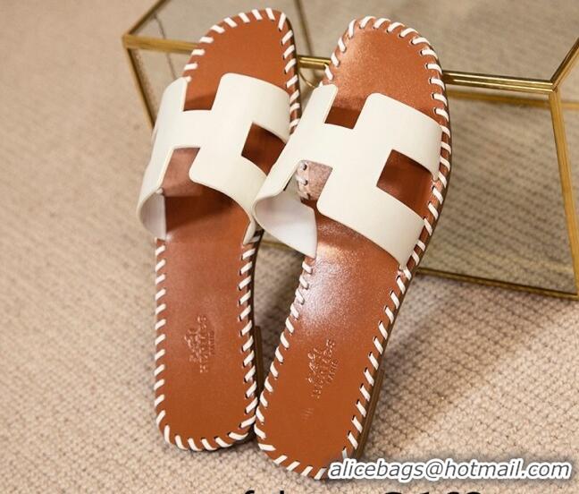 Duplicate Hermes Oran Classic Calfskin Flat Slide Sandals White 527139