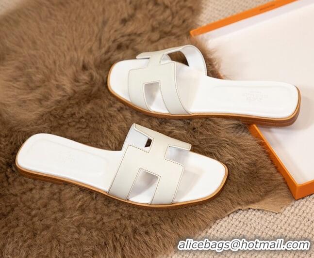 Best Price Hermes Oran Classic Smooth Calfskin Flat Slide Sandals White 527140