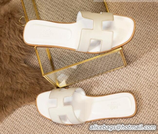 Best Price Hermes Oran Classic Smooth Calfskin Flat Slide Sandals White 527140