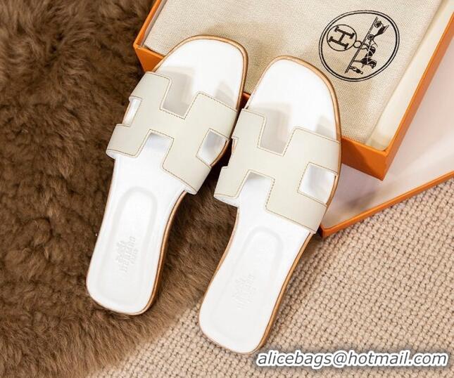 Best Price Hermes Oran Classic Smooth Calfskin Flat Slide Sandals White 527140