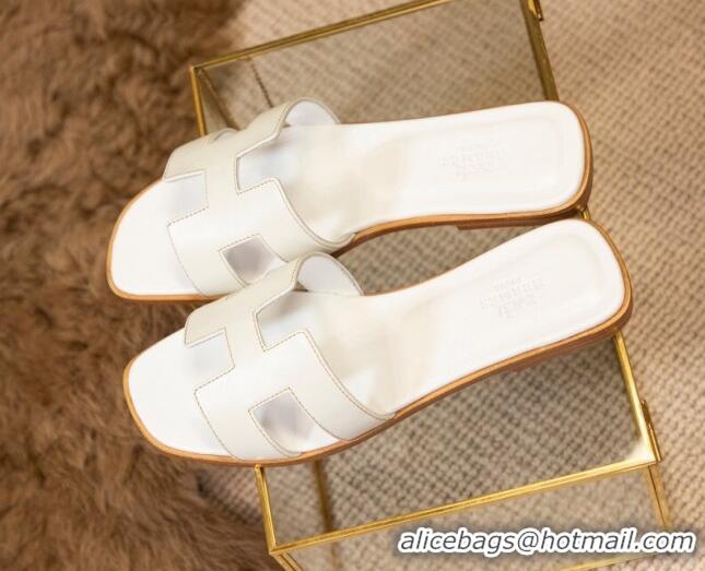 Best Price Hermes Oran Classic Smooth Calfskin Flat Slide Sandals White 527140