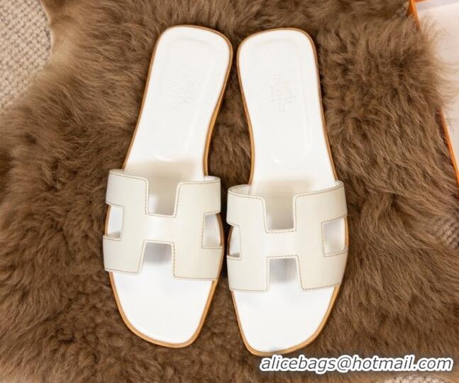 Best Price Hermes Oran Classic Smooth Calfskin Flat Slide Sandals White 527140