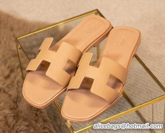 Top Grade Hermes Oran Classic Smooth Calfskin Flat Slide Sandals Apricot 0527141