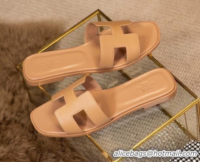 Top Grade Hermes Oran Classic Smooth Calfskin Flat Slide Sandals Apricot 0527141