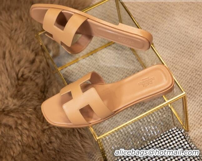 Top Grade Hermes Oran Classic Smooth Calfskin Flat Slide Sandals Apricot 0527141