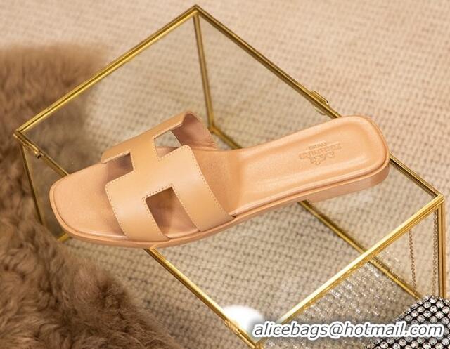 Top Grade Hermes Oran Classic Smooth Calfskin Flat Slide Sandals Apricot 0527141