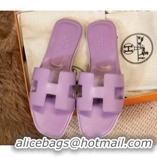 Hot Style Hermes Oran Classic Smooth Calfskin Flat Slide Sandals Purple 0527142