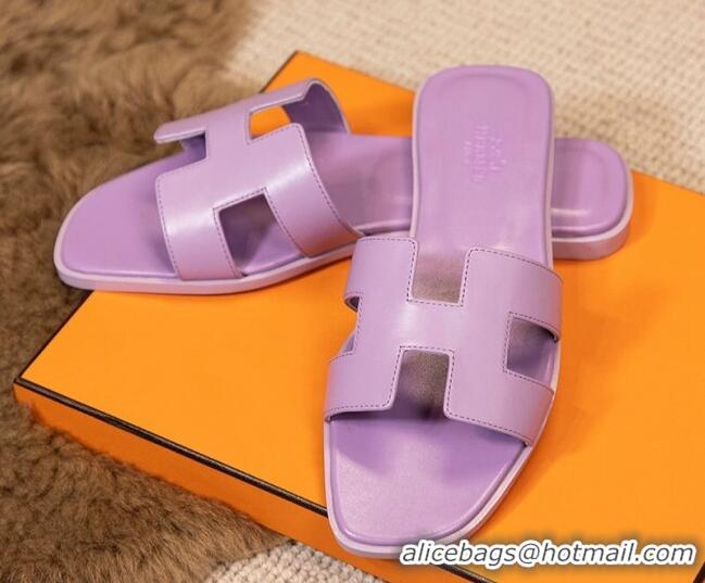 Hot Style Hermes Oran Classic Smooth Calfskin Flat Slide Sandals Purple 0527142