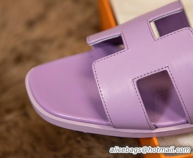 Hot Style Hermes Oran Classic Smooth Calfskin Flat Slide Sandals Purple 0527142