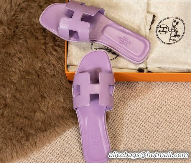 Hot Style Hermes Oran Classic Smooth Calfskin Flat Slide Sandals Purple 0527142