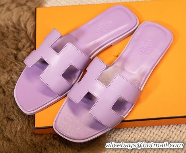 Hot Style Hermes Oran Classic Smooth Calfskin Flat Slide Sandals Purple 0527142