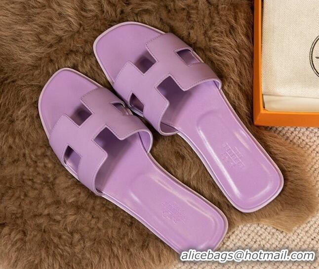 Hot Style Hermes Oran Classic Smooth Calfskin Flat Slide Sandals Purple 0527142