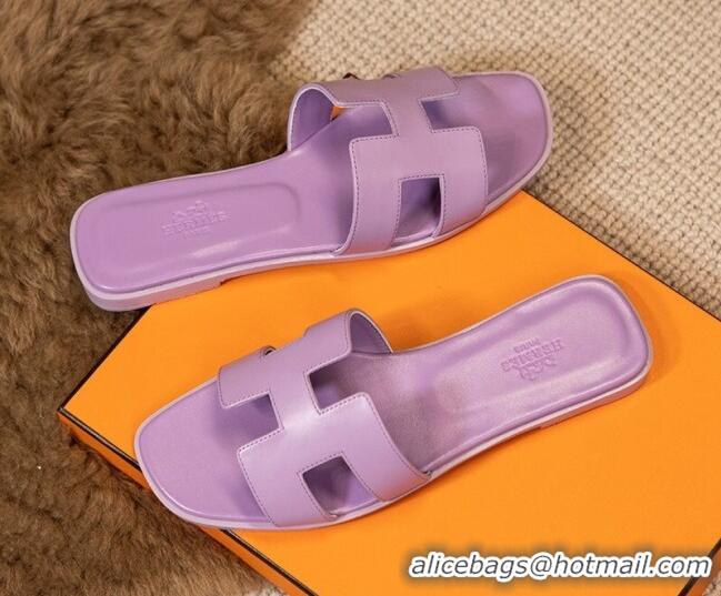 Hot Style Hermes Oran Classic Smooth Calfskin Flat Slide Sandals Purple 0527142