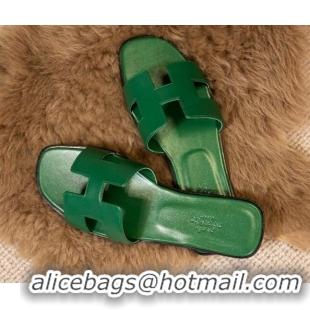 Good Looking Hermes Oran Classic Smooth Calfskin Flat Slide Sandals Green 0527143