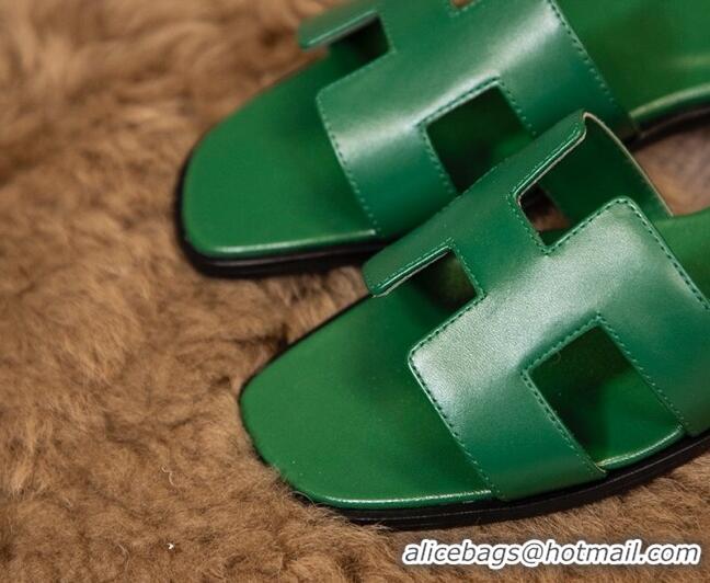 Good Looking Hermes Oran Classic Smooth Calfskin Flat Slide Sandals Green 0527143