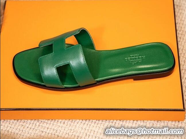 Good Looking Hermes Oran Classic Smooth Calfskin Flat Slide Sandals Green 0527143